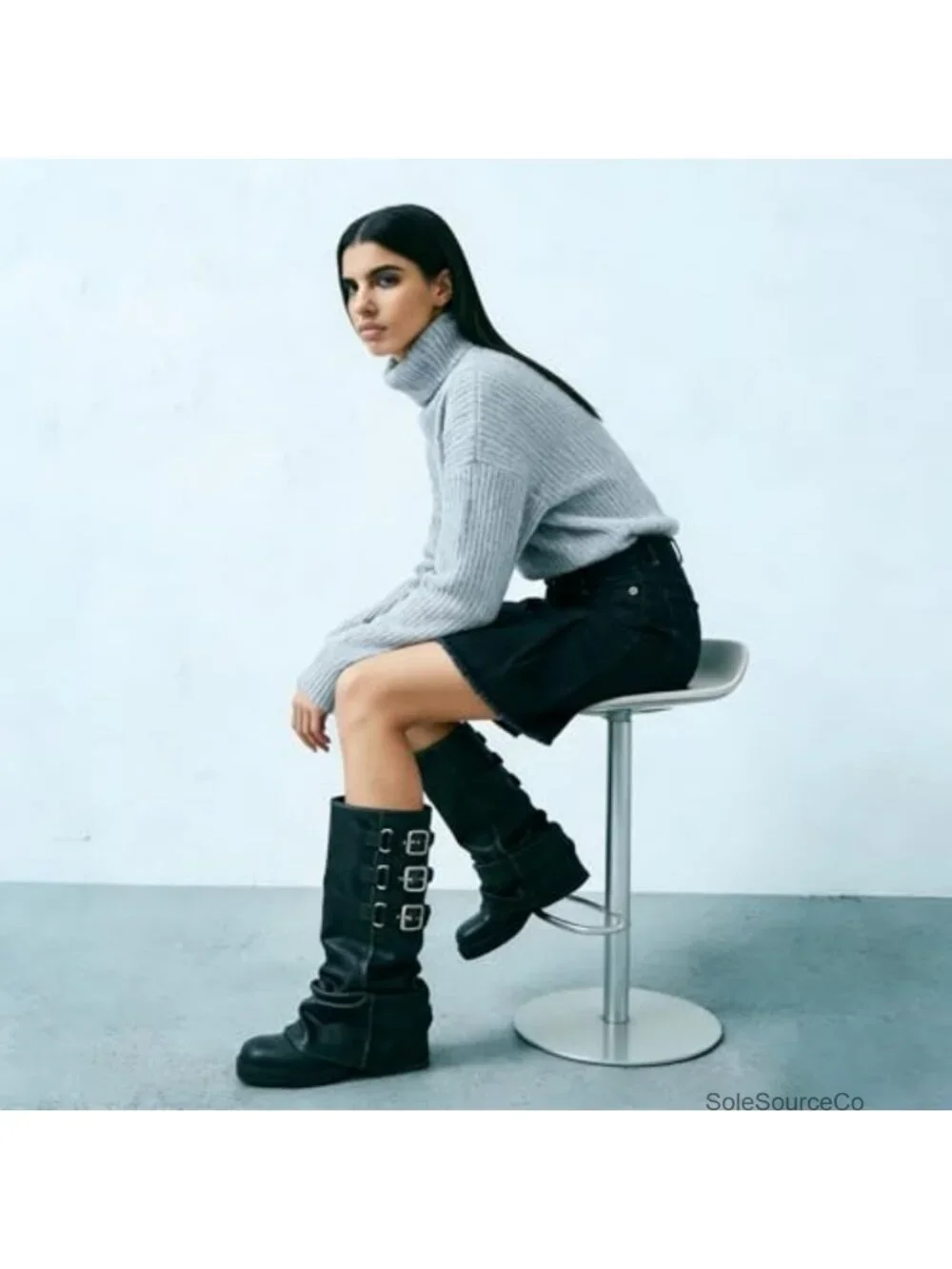 Fold Over Knee High Slouch Boots Chunky Platform Goth Women's Synthetic Rubber